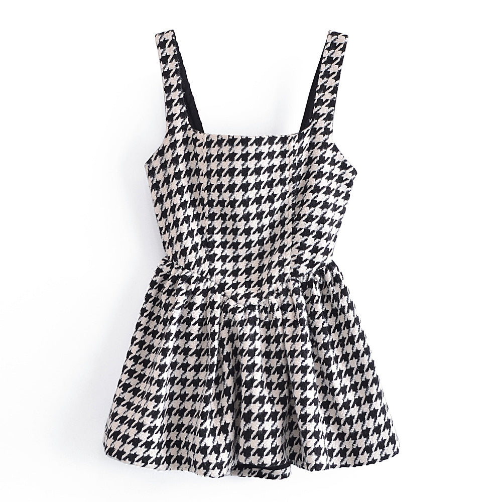 Spring Autumn Classic High Waist A- line Bubble Dress Short French Retro Houndstooth Nipped-Waist Suspender Dresses