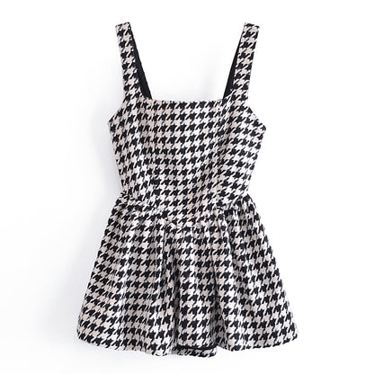 Spring Autumn Classic High Waist A- line Bubble Dress Short French Retro Houndstooth Nipped-Waist Suspender Dresses