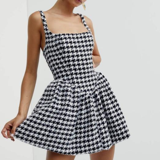 Spring Autumn Classic High Waist A- line Bubble Dress Short French Retro Houndstooth Nipped-Waist Suspender Dresses