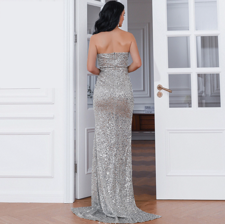 Small Wedding V-neck Small Tail Sequined Banquet Ball Party Evening Dress Dress