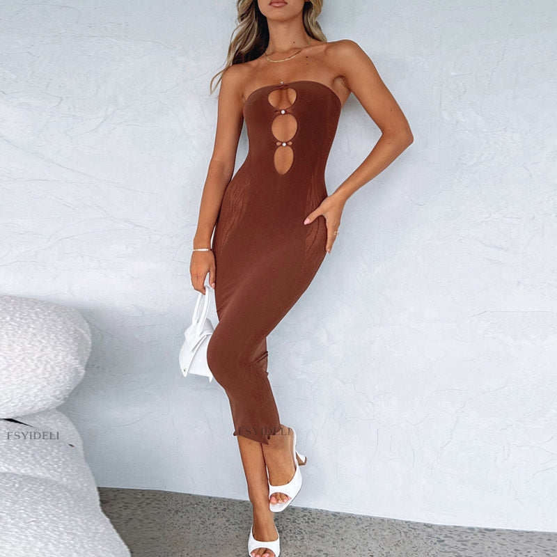 Summer Dress Beaded Hollow-out Tube Top Sexy Mesh Stitching See-through Sheath Dress Women