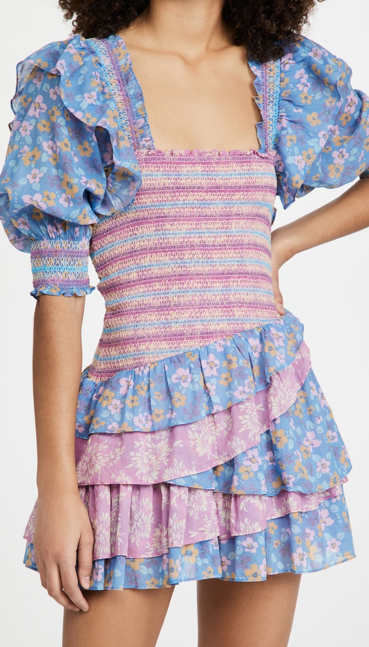 Robe imprimée à volants et col carré pour femme, vêtement de début de printemps, motif patchwork froncé