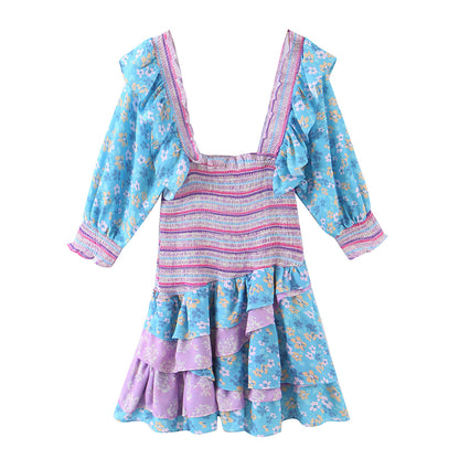 Early Spring Women Clothing Square Collar Ruffled Design Printed Dress for Women Smocked Patchwork Macthing