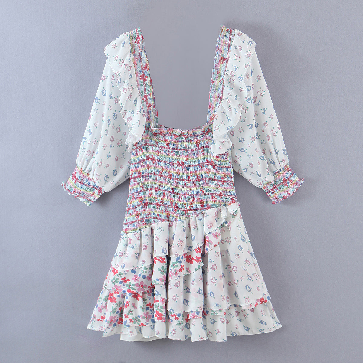 Early Spring Women Clothing Square Collar Ruffled Design Printed Dress for Women Smocked Patchwork Macthing