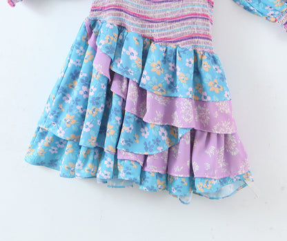 Vestido estampado con cuello cuadrado y volantes para mujer de principios de primavera, con patchwork fruncido