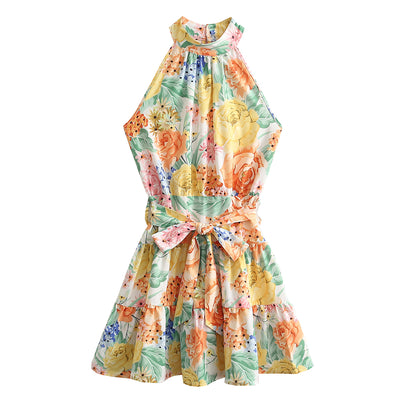 Vestido de primavera-verano con estampado floral francés, con cordones, escote halter, volantes, hombros descubiertos y costuras cortas