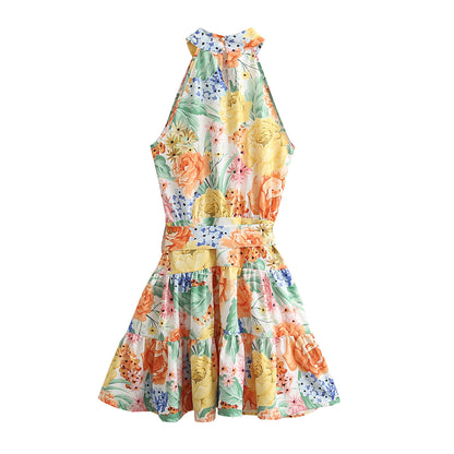 Vestido de primavera-verano con estampado floral francés, con cordones, escote halter, volantes, hombros descubiertos y costuras cortas