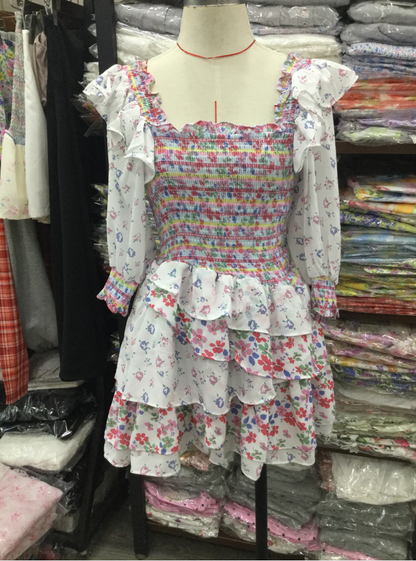 Robe imprimée à volants et col carré pour femme, vêtement de début de printemps, motif patchwork froncé