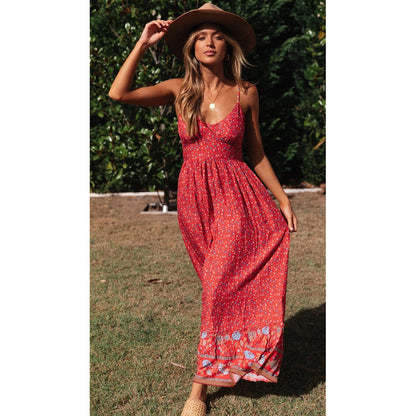 Vestido bohemio con escote en V y tirantes florales para mujer, ropa de verano con vuelo grande