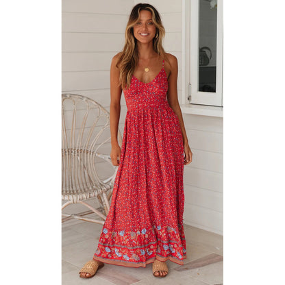 Vestido bohemio con escote en V y tirantes florales para mujer, ropa de verano con vuelo grande