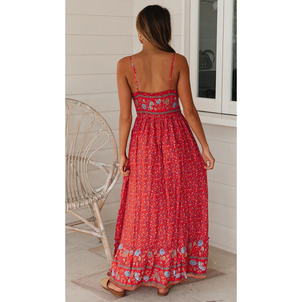 Summer Large Swing Women Clothing Bohemian V-neck Strap Floral Dress