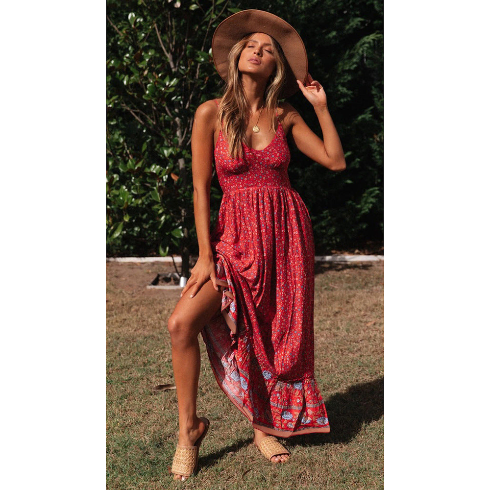 Vestido bohemio con escote en V y tirantes florales para mujer, ropa de verano con vuelo grande