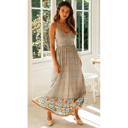 Vestido bohemio con escote en V y tirantes florales para mujer, ropa de verano con vuelo grande