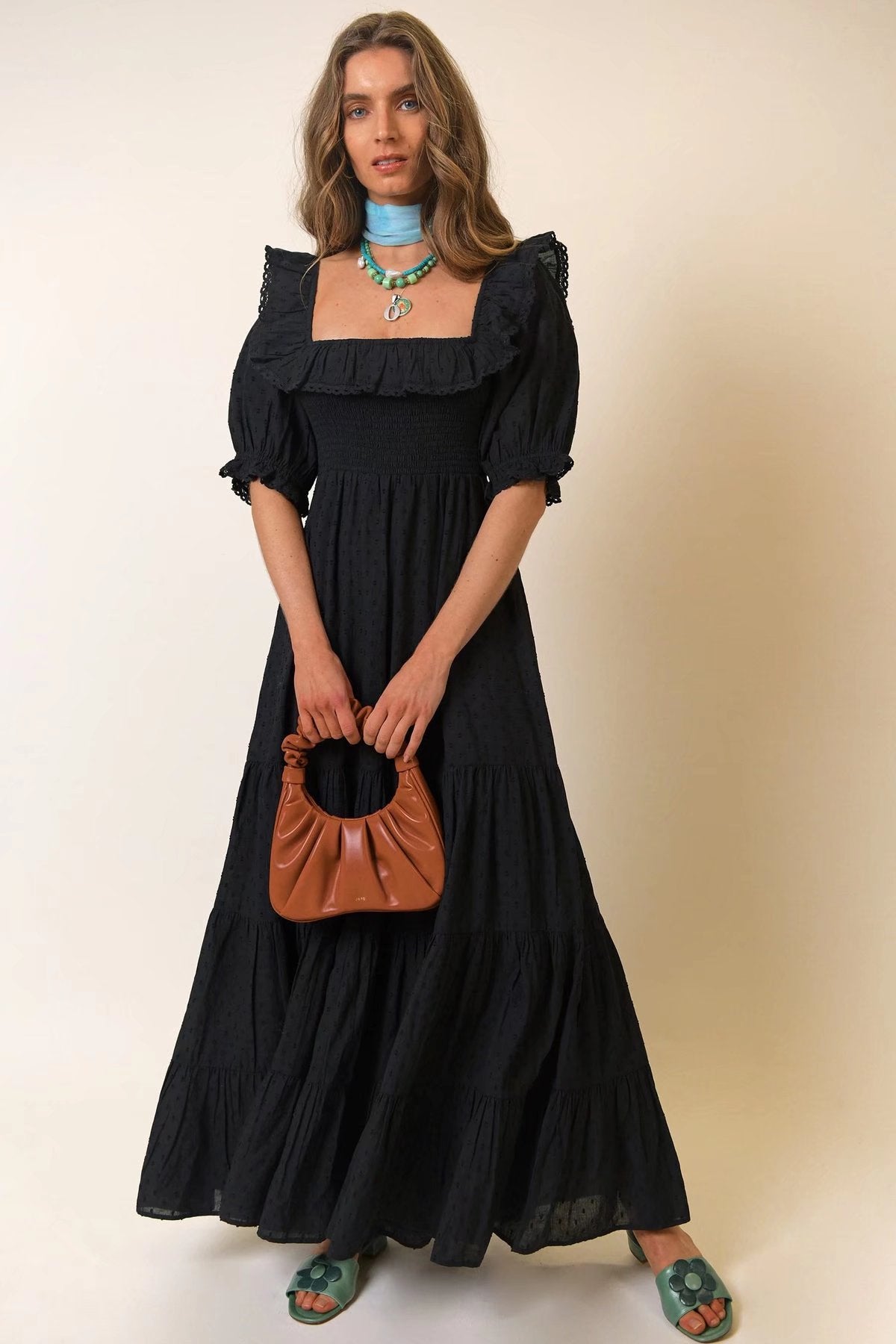 Early Spring Women Clothing Square Collar Puff Sleeves High Waist Swing Dress Black Dress