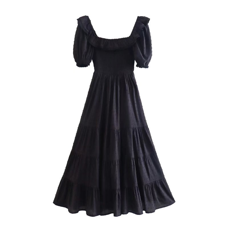 Early Spring Women Clothing Square Collar Puff Sleeves High Waist Swing Dress Black Dress