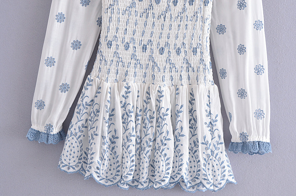 Blue White Porcelain Full-Body Embroidered Dress Women Spring Summer Hollow Out Cutout Backless Elastic A- line