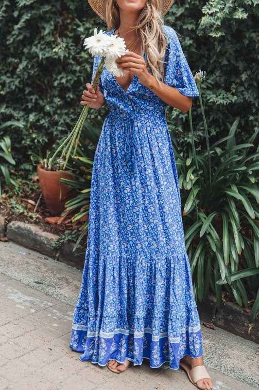 Vestido de verano de manga corta con cuello en V para mujer, vestido de playa con cordones y control en la cintura con borlas estampadas y posicionamiento de vacaciones