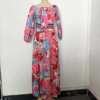 Evening Dress Printed Dress V-neck Pullover Retro Long Sleeve Big Hem Split Dress