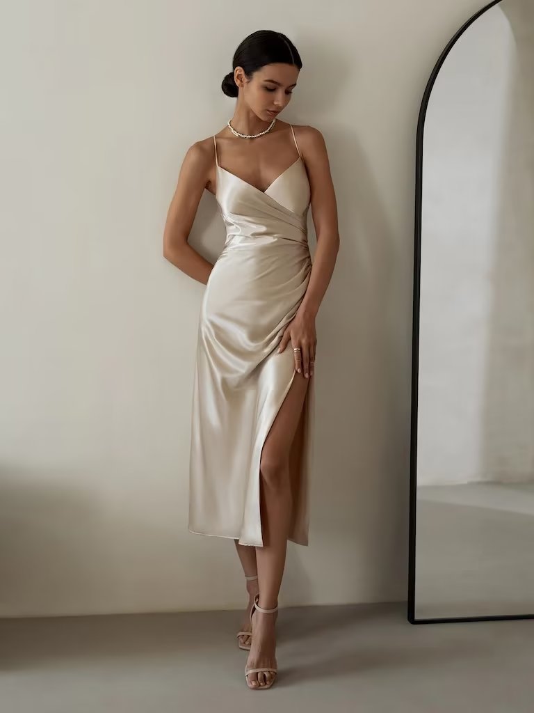 Robe d'été en Satin pour femmes, vêtements taille haute, dos nu, bretelles mi-longues