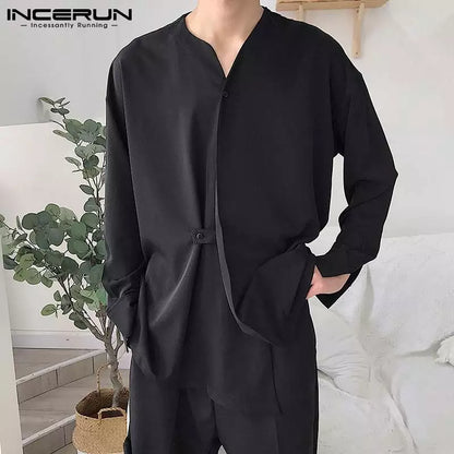 INCERUN mode hommes chemise col en V à manches longues Streetwear couleur unie coréen décontracté chemises irrégulières 2023 bouton lâche Camisas 