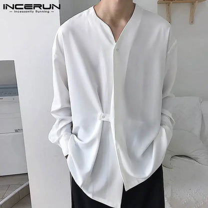 INCERUN mode hommes chemise col en V à manches longues Streetwear couleur unie coréen décontracté chemises irrégulières 2023 bouton lâche Camisas 