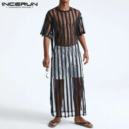 INCERUN 2023, camiseta de malla para hombre, ropa de calle transparente a rayas, Camisetas largas sexis de manga corta, camisetas de moda para fiesta y discoteca, S-5XL 