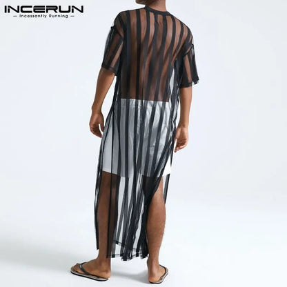 INCERUN 2023 hommes maille t-shirt Transparent rayé Streetwear à manches courtes Sexy hauts longs mode fête discothèque T-shirts S-5XL 