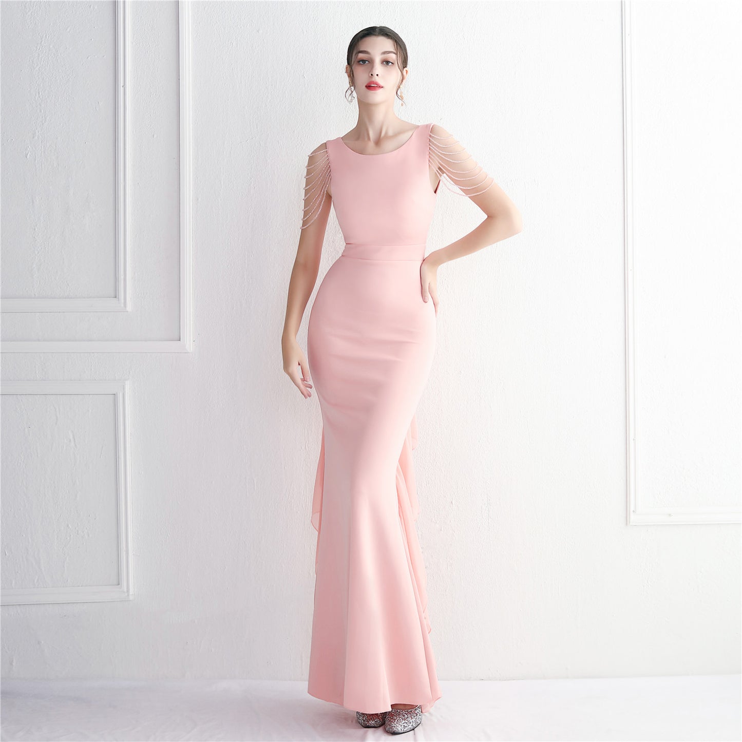 Chiffon Satin Cloth Craft Beaded Long Cocktail Slim Fit Evening Dress Elegant Long Annual Meeting Host