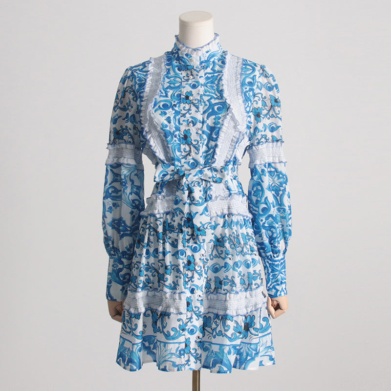 Robe courte à lacets et col montant français pour printemps et été, taille contrôlée, amincissante, manches lanternes, coutures