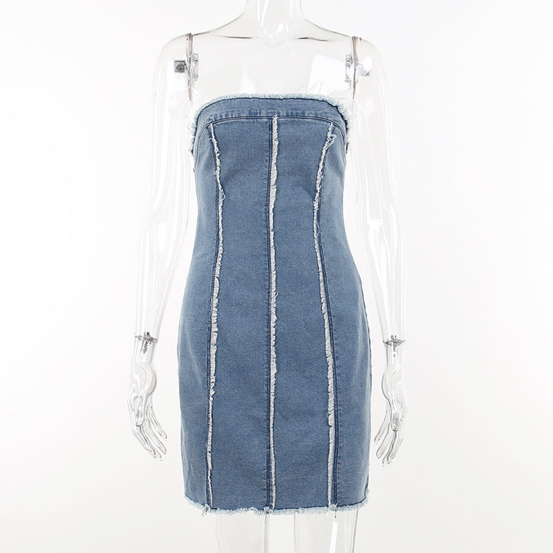 Hauts en laine déchirés, coupe cintrée, Sexy, haut tubulaire en Denim, robe à la hanche