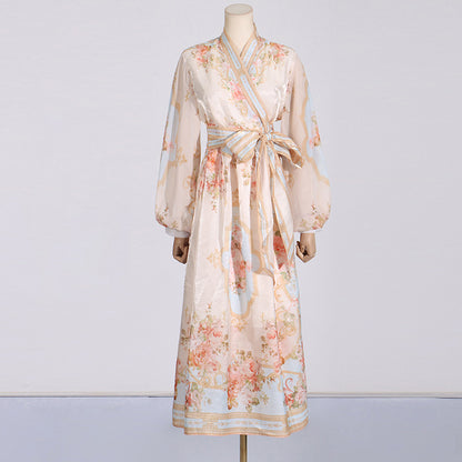 Robe Maxi à lacets, imprimé artistique rétro, manches bouffantes, taille amincissante, pour femmes