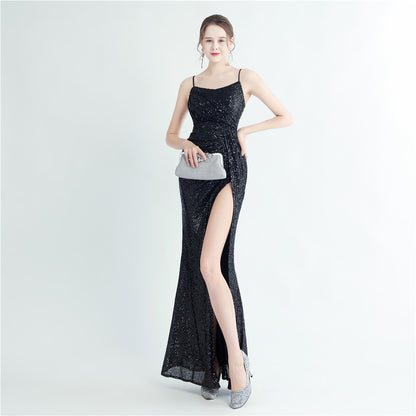 High Density Sequin Pleated Side Slit Sling Long Evening Dress