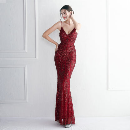 Positioning Floral Sling Party Sequined Dress Long Cocktail Slim Fit Evening Dress Fishtail Dress