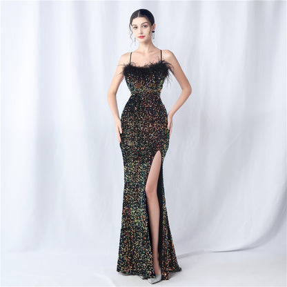 Craft Order Ostrich Feather Dinner Annual Meeting Wedding Velvet Bottom Handmade Sequin Evening Dress