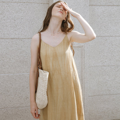 Vestido camisero de lino y tencel de verano, vestido informal de lino y algodón francés para vacaciones, vestido con cuello en V, sin mangas y sin espalda para mujer