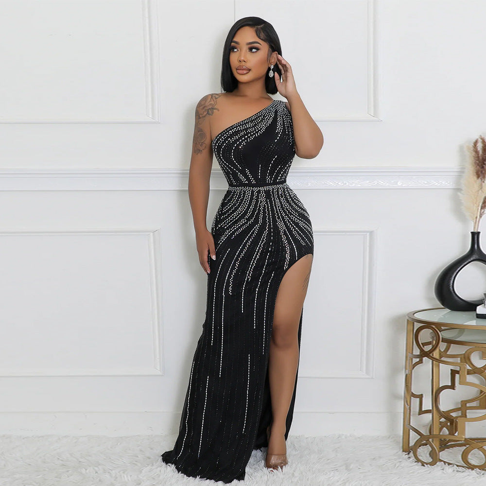 Sexy Oblique Shoulder Rhinestone High Slit Evening Dress Women