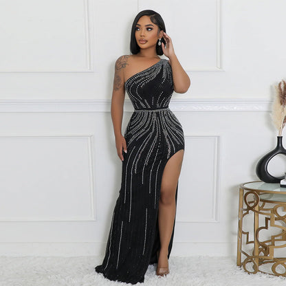 Sexy Oblique Shoulder Rhinestone High Slit Evening Dress Women