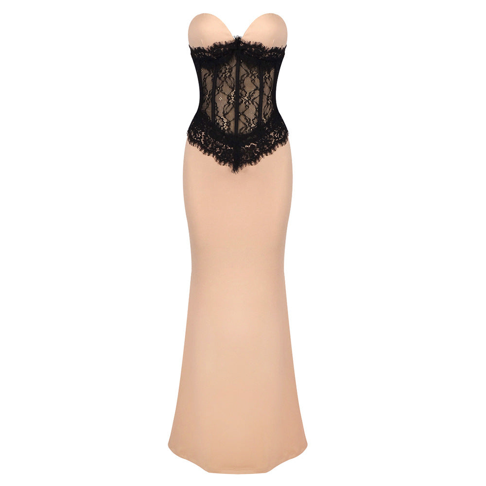 Robe sans bretelles extensible en dentelle abricot robe mince sexy robe fourreau haute élastique robe d'été