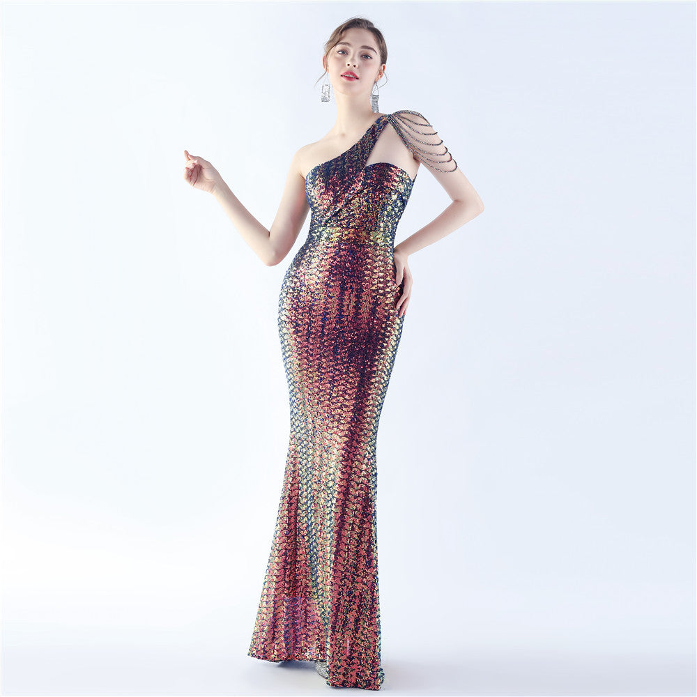 Magic Color Sequin Craft Beaded Shoulder Diagonal Collar High End Slim Fit Evening Dress