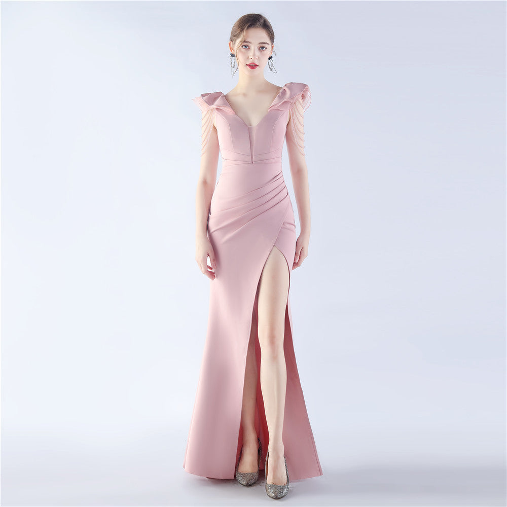 Robe de soirée haut de gamme en satin organza perlé pour cérémonie annuelle de réunion