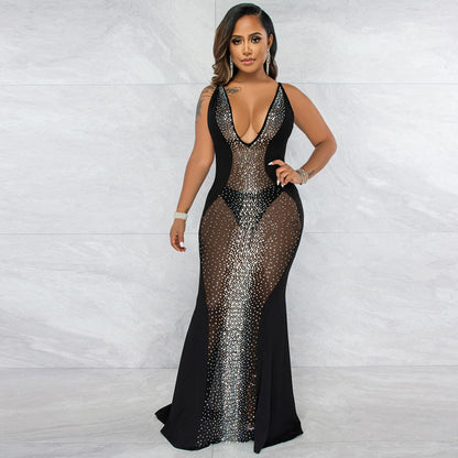 Women Sexy See through Sleeveless Deep V Plunge Drilling Mesh Nightclub Party Dress