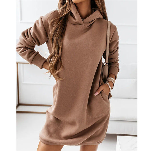 Autumn Winter New Women Clothing Hooded Hipster Long Sleeve Solid Color Women Dress Plus Size