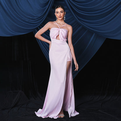 Sleeveless Elegant off-Neck Sexy Halter Long Slit Cocktail Evening Dress Bridesmaid Dress