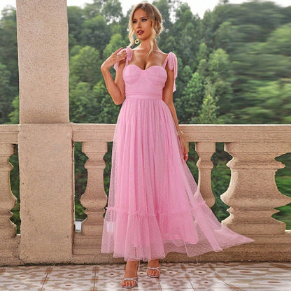 Fashionable Women Clothing Evening Dress Lace up Shoulder Pleated Hem Mesh Dress