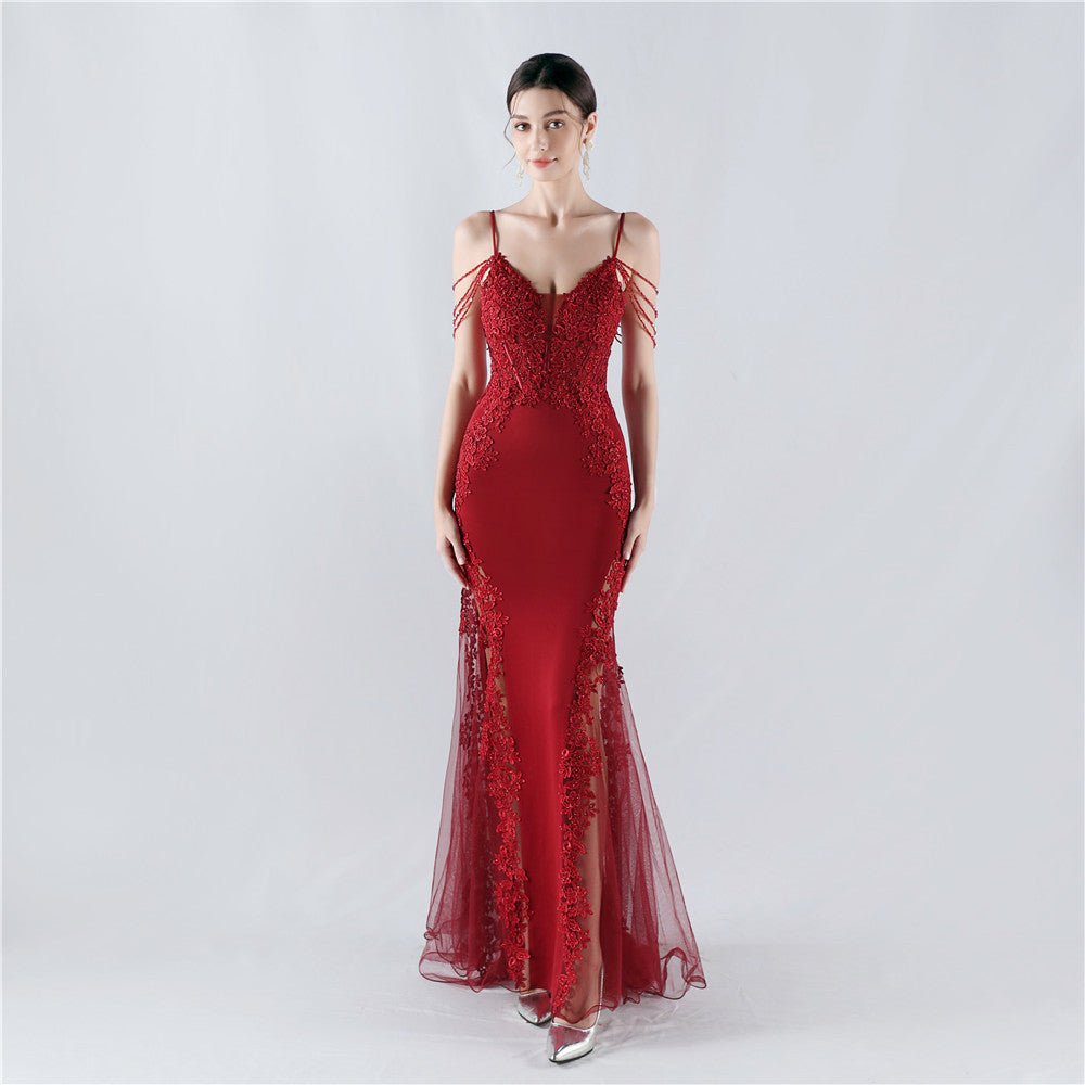 Heavy Embroidery Drilling Boning Corset Vest Lace Beaded High Fork Evening Dress