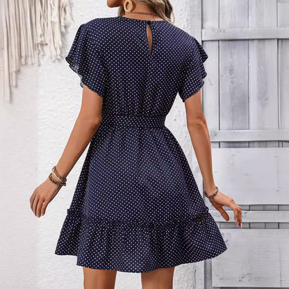 Women Summer Elegance Printed Ruffle Sleeve A Hem Pleated Belt Dress