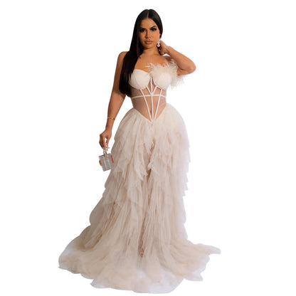 Women Wear Solid Color Sleeveless Corset Mesh Maxi Dress Dress