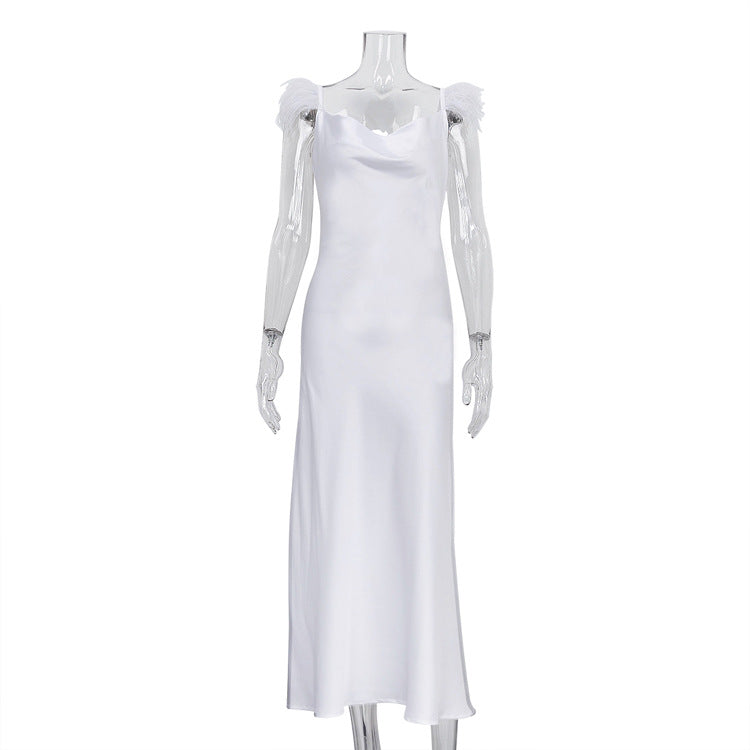 Robe camisole amincissante à plumes blanches pour femmes, sexy, col en V, dos nu, printemps été