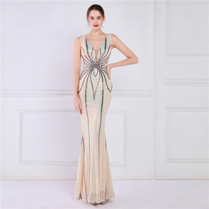 Positioning Floral Sequin Cocktail Elegant Long Sleeveless Sequined Aura Queen Fishtail Dress Slimming Fishtail Dress