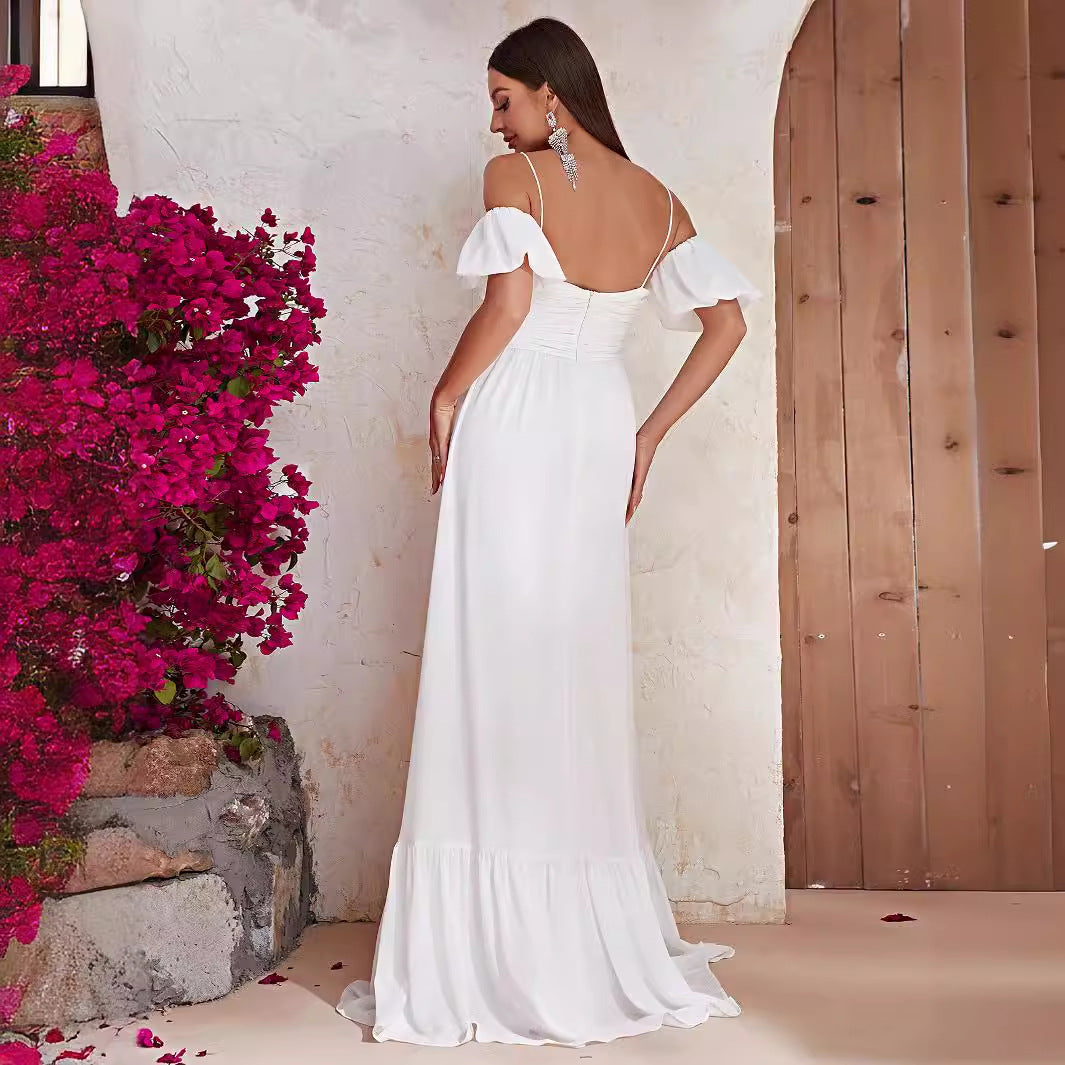 Robe Maxi blanche à épaules dénudées, manches courtes, robe de soirée de bal, longue, décontractée, vacances, été